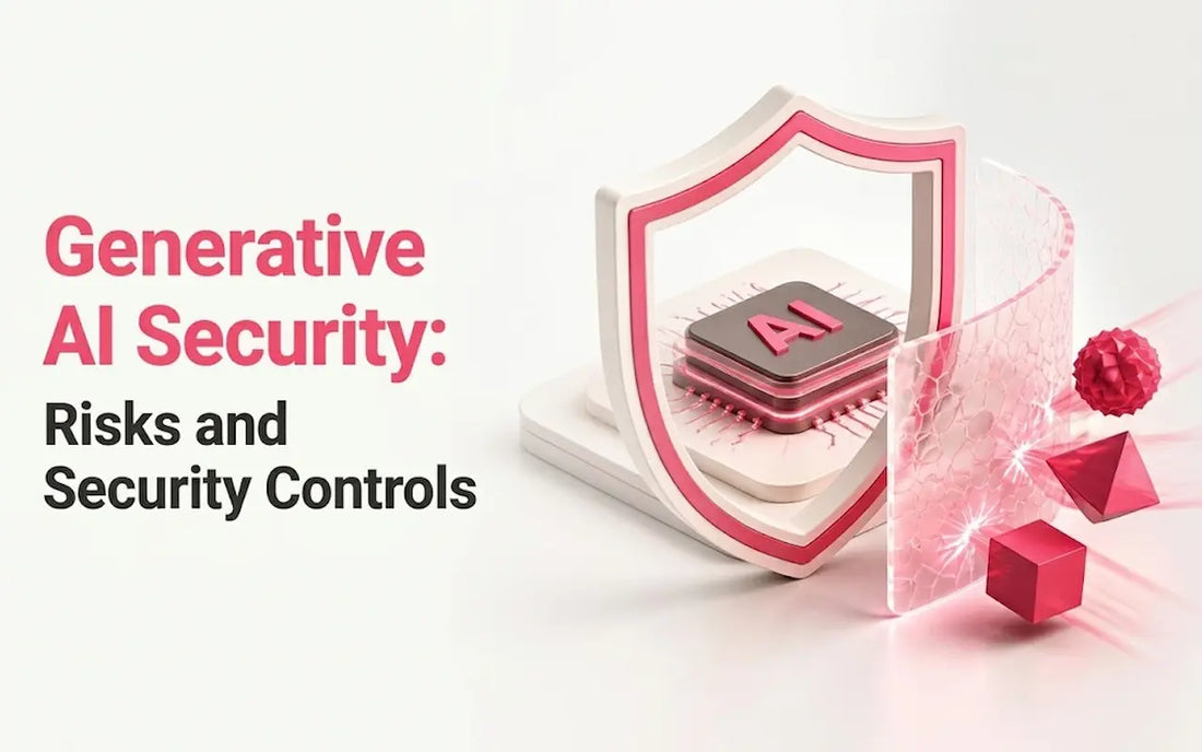 Generative AI Security: Risks and Security Controls headline with 3D graphic of an AI microchip shielded by a pink protective barrier.