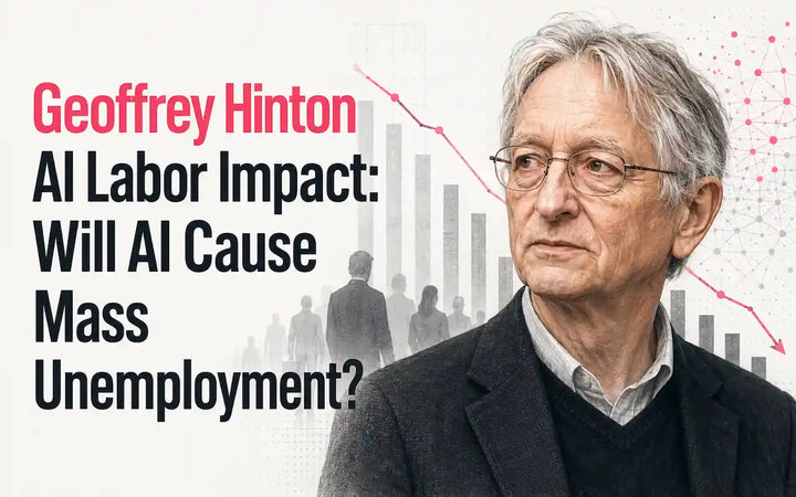 Geoffrey Hinton beside declining employment charts for an analysis of AI’s labor impact and mass unemployment risk.