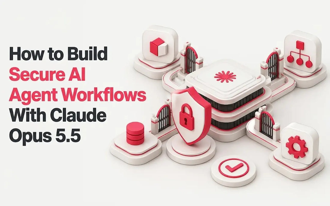 An isometric diagram showing a secure AI workflow with red and white components and text.