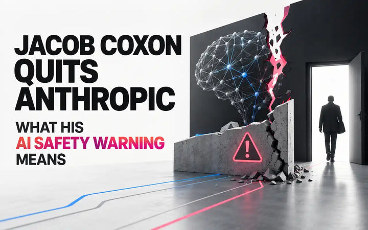Jacob Coxon Anthropic resignation and AI safety warning illustrated with a fractured AI system and departing researcher.