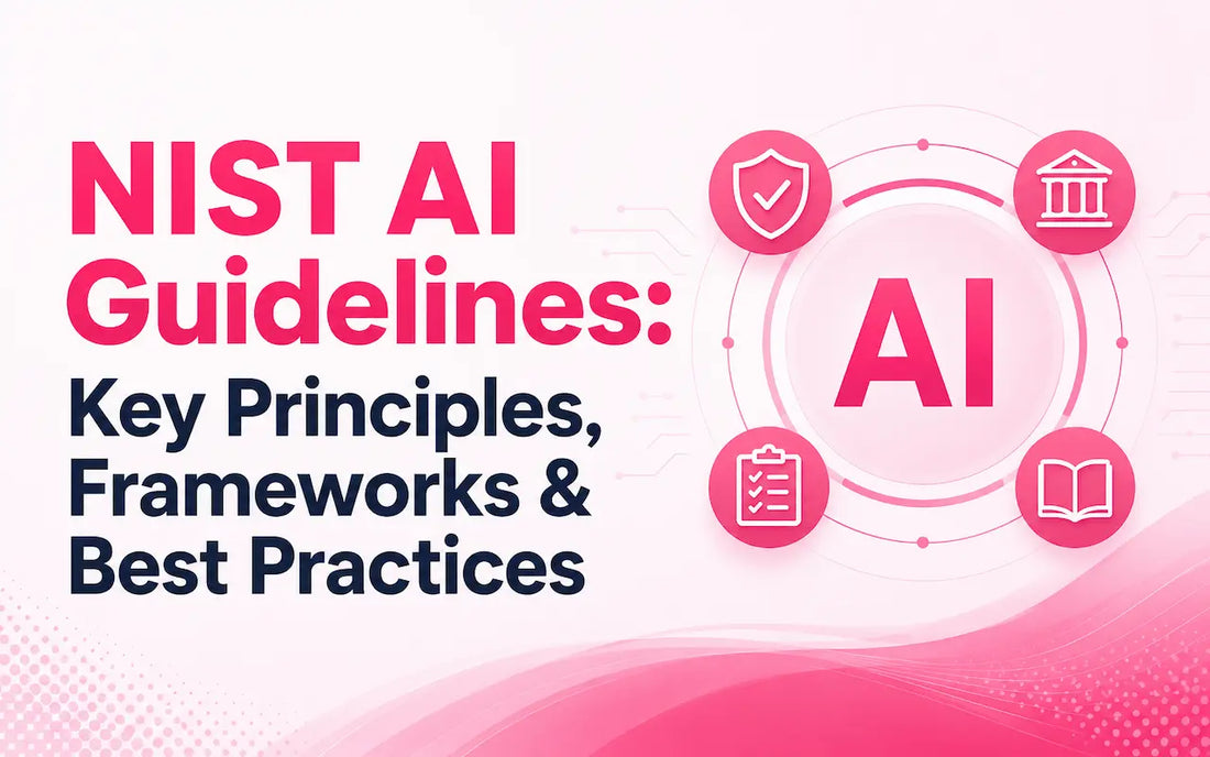 NIST AI Guidelines: Key Principles, Frameworks & Best Practices feature image with AI governance, security, compliance and guidance icons
