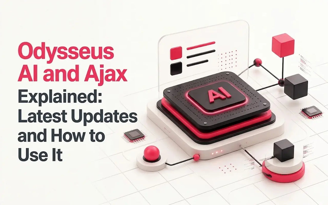 Odysseus AI and Ajax latest updates and user guide graphic with 3D AI processor block.