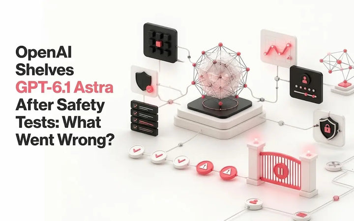 An editorial graphic with a clean white background featuring bold black and pink typography on the left that reads "OpenAI Shelves GPT-6.1 Astra After Safety Tests: What Went Wrong?"