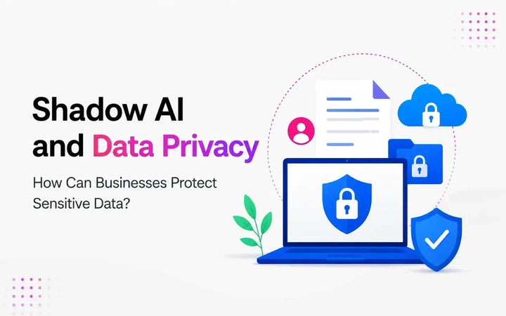 Shadow AI data privacy illustration showing secure business data, cloud protection, and AI security controls.