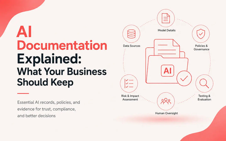AI documentation explained infographic showing an AI document folder surrounded by icons for model details, data sources, governance policies, testing, risk assessment, and human oversight.