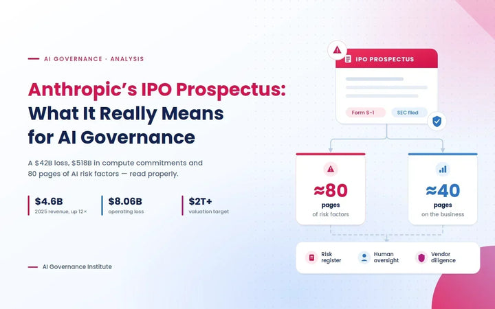 Diagram of Anthropic's IPO prospectus splitting into approximately 80 pages of risk factors versus about 40 pages describing the business, leading to risk register, human oversight and vendor diligence actions.