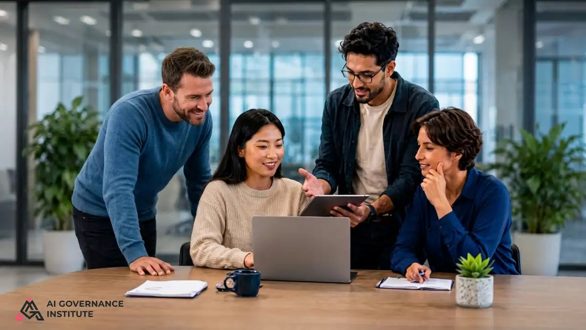 Four professionals collaborating around a table with laptops and tablets in an office setting.