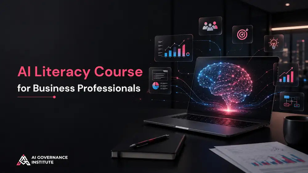 Promotional graphic for an AI Literacy Course for Business Professionals, featuring a laptop on a dark desk with a glowing digital brain graphic on the screen, surrounded by floating data charts and icons. The AI Governance Institute logo is visible in the bottom-left corner.