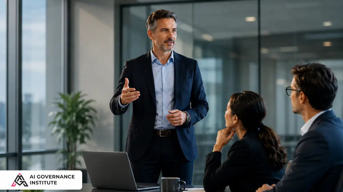 Man in a suit giving a presentation to two other people in an office setting.