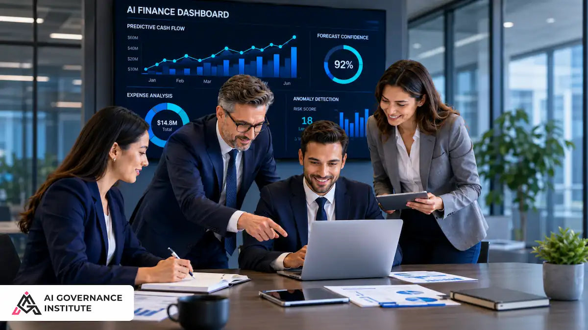 Group of professionals analyzing data on a dashboard in an office setting.