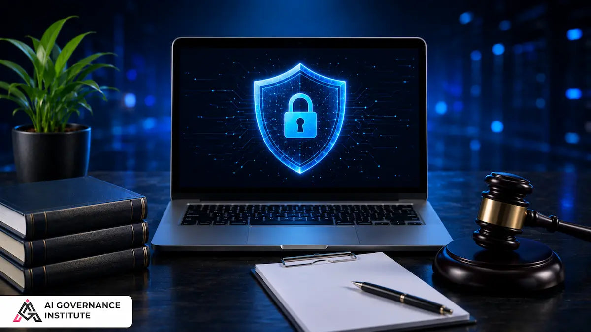 Laptop with security shield and lock icon on a desk with gavel and books, symbolizing legal cybersecurity.
