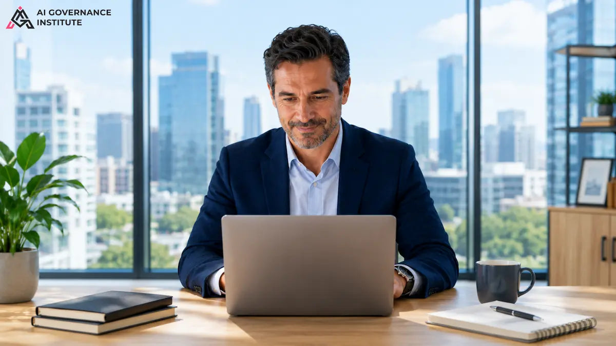 Man working on a laptop in an office with cityscape view