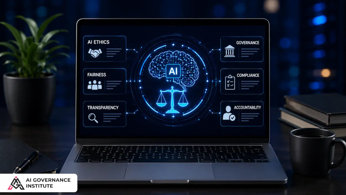 Laptop displaying AI governance concepts with a blurred background